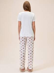 Bộ đồ nữ Cotton Line gồm áo tay ngắn cổ tròn màu trơn họa tiết trái tim và quần dài. - Màu be - Xem 2