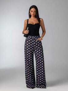 Aloruh Quần jeans nữ dáng rộng, họa tiết chấm bi, có túi, kiểu dáng thường ngày. - Màu xanh lam - Xem 3