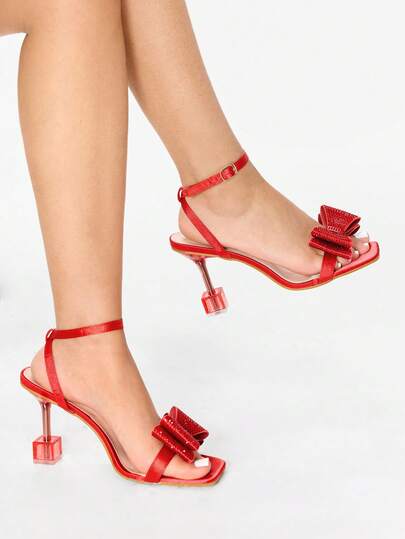 Glitzique 新品时尚水钻蝴蝶结水晶高跟凉鞋，百搭情人节风格