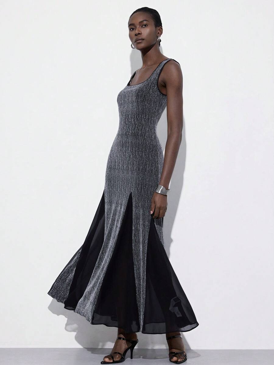 Aveloria Modichic 银灰色金属拼接黑色雪纺下摆修身连衣裙，美人鱼下摆优雅派对百搭女装 - 彩色 - 查看 1