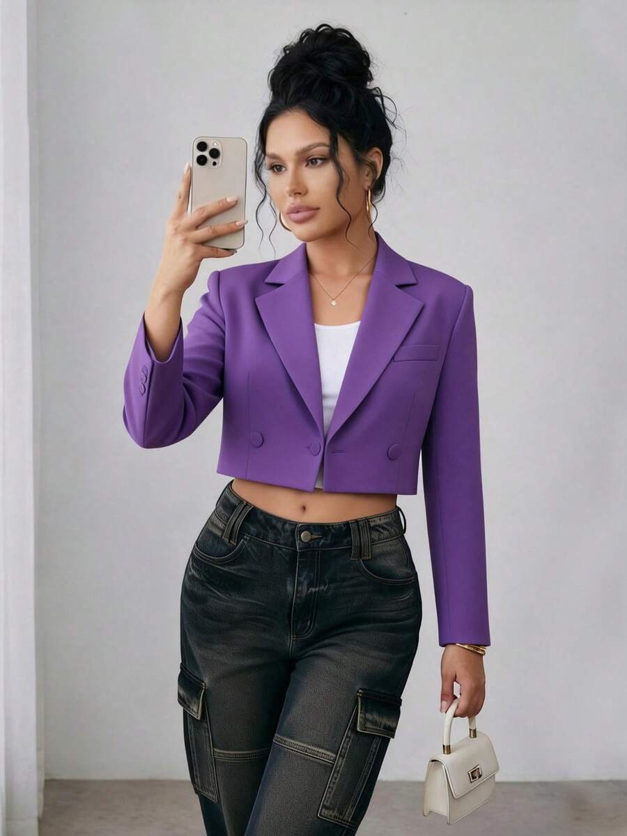 Stylish Short Crossed Blazer For Women In Purple With Regular Sleeves - Purple - View 1