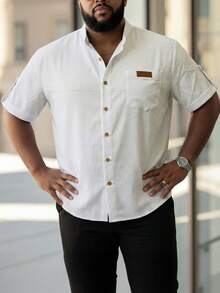 DRIVNCORE Plus Size Men's Fashion Simple Solid Color Loose Casual Short Sleeve Shirt, Classic Personalized Solid Striped Textured Stand Collar, Contrast Buttons, Commuter Street Style Summer T-Shirt - White - View 3