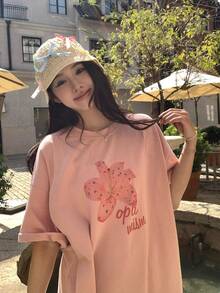 DAZY Áo thun nữ cổ tròn tay ngắn kiểu Hàn Quốc, in họa tiết, thích hợp mặc mùa hè. - Hồng - Xem 1