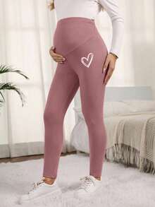 SHEIN 可调节腰围孕妇爱心印花打底裤 - 粉色 - 查看 3