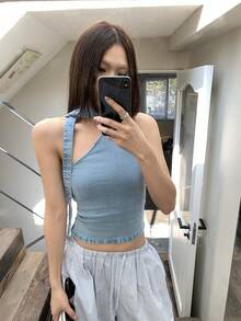 DAZY Women's Retro American Style Denim Spaghetti Strap Cropped Cold-Shoulder Top - Blue - View 1