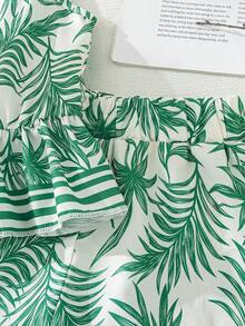 SHEIN 2件套女童夏季圆领无袖露背拼接荷叶边条纹设计背心和直筒休闲短裤套装，简约时尚度假风 - 綠色 - 查看 6