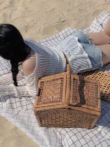 DAZY Bohemian Style Hollow Out Long Sleeve Knitted Cover Up, Design-Focused Women Sweater - White - View 6