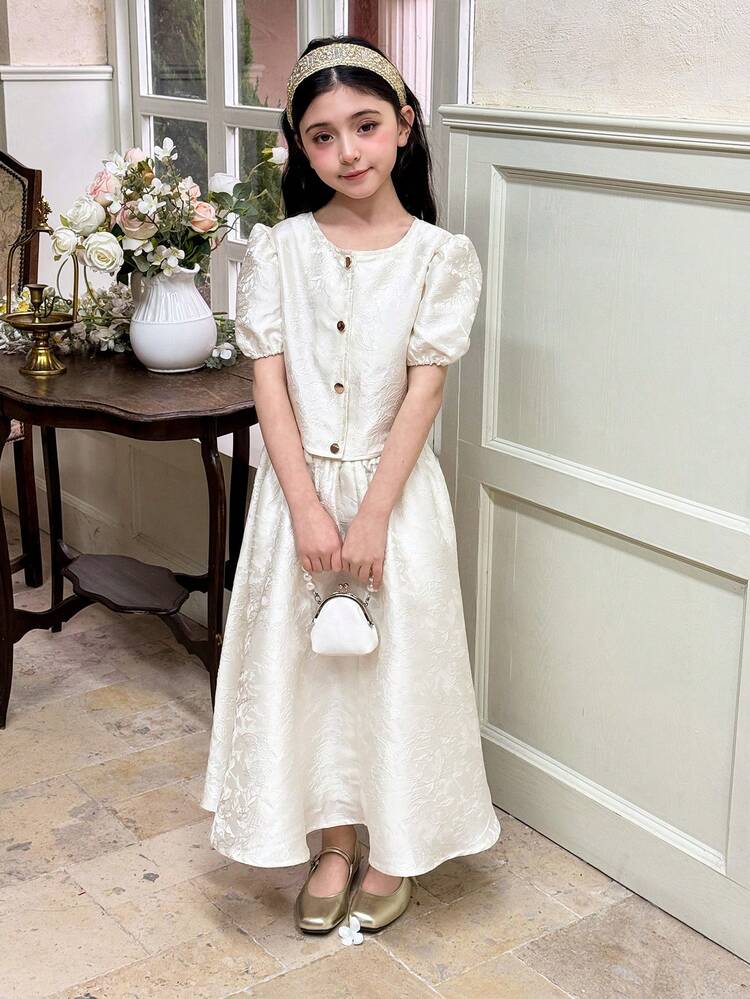 Tween Girl Jacquard Petal Sleeve Single-Breasted Jacket And Mini Skirt Set Summer