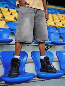 EVRINFINITE Quần short Bermuda denim ống rộng dáng rộng dành cho nam, kiểu Emo, dáng rộng thùng thình, quần jeans ngoại cỡ. - Xám - Xem 3