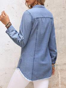 EMERY ROSE Women's Cuffed Sleeve V-Neck Single-Breasted Casual Denim Shirt - Blue - View 2