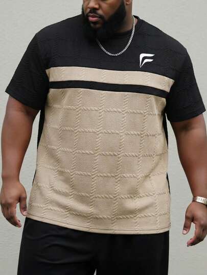 ResortEase Camiseta de manga corta con cuello redondo y estampado gráfico de bloques de color para hombres de talla grande