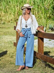 EMERY ROSE Women's Frill Waist Tie Pocket Wide Leg Loose Fit Jeans - Blue - View 6