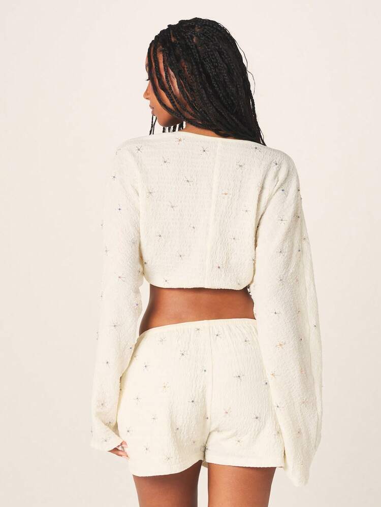 MISSGUIDED Sequin Detailed Two Piece Coord Set Long Sleeve Crop Top With Mid Thigh Shorts V Neck Sparkly Outfit For Evening Party