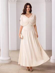 Modelyn French Elegant Mesh Patchwork Cinched Waist Flared Dress - Apricot - View 8