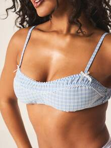 MISSGUIDED Bralette tejido a cuadros con detalle de lazo y ribete de picot, sujetador fruncido para un apoyo diario y un estilo femenino - Azul - Ver 5