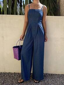 DAZY Women's Casual Striped Spaghetti Strap Wide Leg Denim Jumpsuit, Summer - Medium Wash - View 5