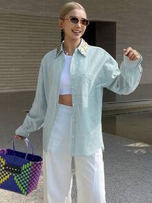 DAZY Women's Casual Sequin Patchwork Striped Pocket Shirt, Spring - Green - View 4