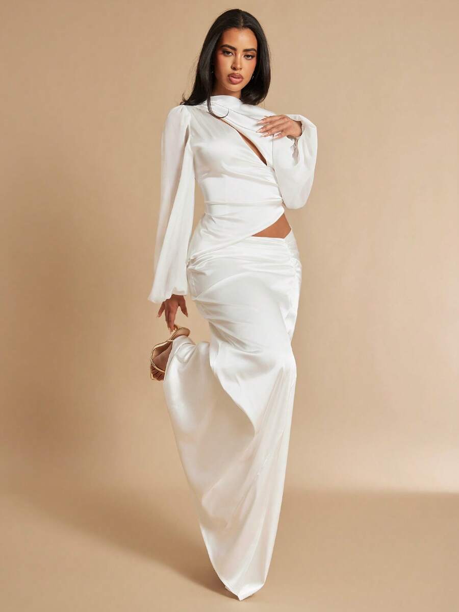 Silquee 女士优雅派对纯色镂空不对称下摆上衣和超长裙两件套 - 白色 - 查看 1