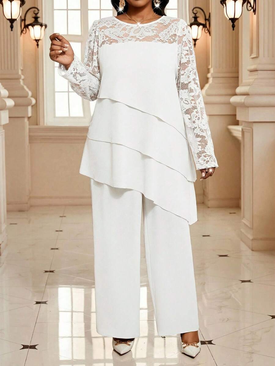 SHEIN Lady 加大码白色两件套，休闲女装，春夏时尚系列 - 白色 - 查看 1