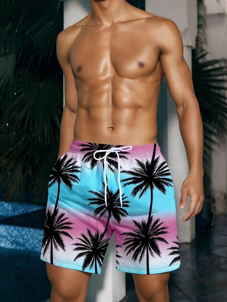 Manfinity Swimmode 男士热带印花休闲沙滩短裤 - 彩色 - 查看 1