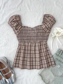 SHEIN 少女春夏格子复古优雅可爱百搭无袖衬衫上衣 - 卡其色 - 查看 2