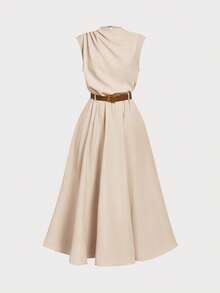 SHEIN Girlism 优雅杏色纯色无袖连衣裙（含腰带），适合通勤和返校季穿着 - 杏色 - 查看 5