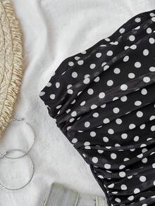 SHEIN Teen Girls' Colorblock Polka Dot Print Fitted Ruched Cropped Camisole Top With Detachable Neck Scarf, Spring/Summer - Black - View 4