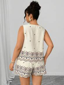 Breezaya Plus Size Brown Boho Summer Vacation Holiday Two-Tone Round Neck Sleeveless Shirt Elastic Waist 3/4 Shorts Set Party Gym - Apricot - View 2
