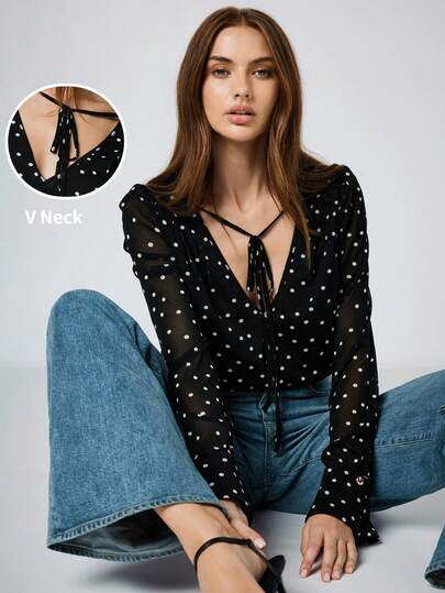 Maija Blusa holgada con estampado de lunares y mangas acampanadas, para otoño