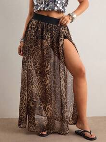 Freevana Plus Size Summer Fashion Leopard Print High Slit Skirt - Brown - View 4