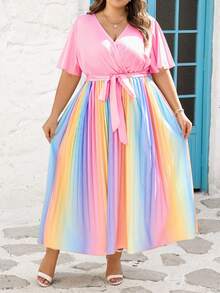 SHEIN CURVE+ Curve 尺码 US22 音乐节、海滨度假、波西米亚风女士彩虹褶皱V领灯笼袖系带背心毕业礼服婚礼宾客礼服女士学位模拟礼服女士沙滩裙女士假日太阳裙生日礼服女士骄傲节女士礼服优雅礼服女士休闲礼服女士生日礼服女士夏季礼服女士夏季礼服 - 彩色 - 查看 9