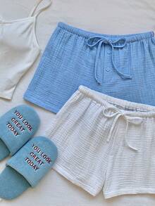 Comfortcana 2026春夏新款女士100%纯棉质感面料白色蓝色短裤多件套，适合女士度假、复活节、圣帕特里克节、派对、外出、婚礼、毕业典礼、优雅、休闲、奢华、正式、情人节、狂欢节、沙滩套装、居家休闲、大学、女士休闲套装、白色裤子、健身房等场合穿着。 - 藍色 - 查看 10