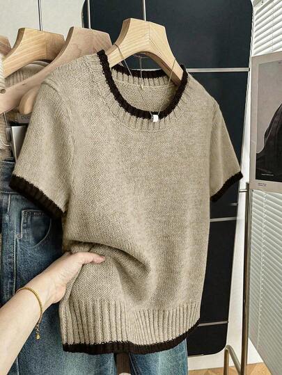 SHEIN Franclia 全新夏季简约个性拼布撞色优雅百搭女式针织上衣