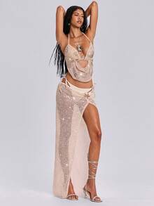 ROMWE Avant Spring/Summer Starfish Sequin Embroidered Backless Draped Neck Camisole For Beach Vacation - Apricot - View 4