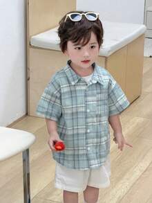 DAZY Camisa de manga corta con cuello vuelto a cuadros, estilo coreano para niños pequeños, primavera/verano - Celeste - Ver 7