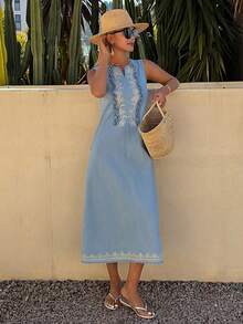 DAZY 女士夏季无袖荷叶边印花度假风休闲长款牛仔连衣裙 - 淺色水洗藍 - 查看 2