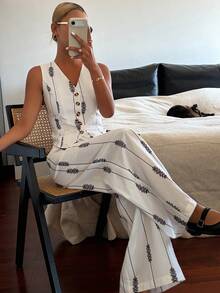 DAZY 女士条纹V领无袖背心和宽松阔腿裤休闲两件套 - 白色 - 查看 6