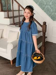 DAZY Vestido vaquero con cuello redondo y mangas abullonadas para niñas preadolescentes - Azul - Ver 5