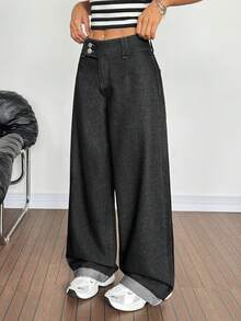 SHEIN PETITE 女士休闲百搭通勤阔腿牛仔裤 - 黑色 - 查看 6