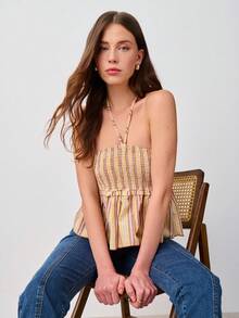 Nöista Striped Halter Top With A Smocked Bodice And A Flared, Peplum Hem. Spring, Summer, Easter. - Yellow - View 4