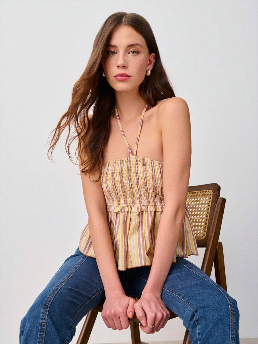 Nöista 条纹露背上衣，胸部采用褶皱设计，下摆呈喇叭形，带有荷叶边。适合春季、夏季和复活节穿着。 - 黃色 - 查看 1