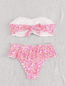 Swim Mod 女士印花抹胸比基尼套装，休闲低腰荷叶边短裙，度假泳装 - 淺粉色 - 查看 6