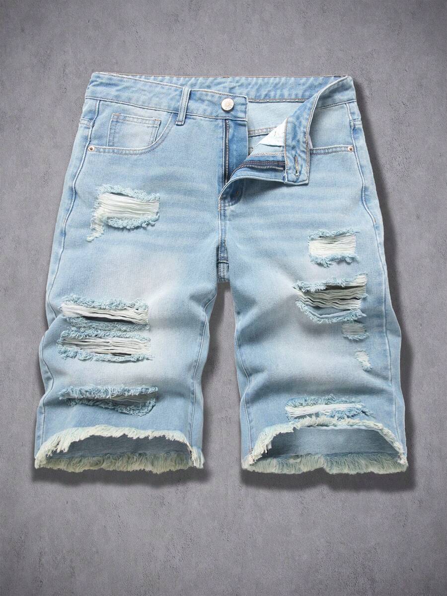 Manfinity Denimwave Men's Streetwear Distressed Wide Leg Capri Denim Shorts - Light Wash - View 1