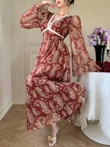 DAZY 春夏红色波西米亚风印花长裙，优雅百搭，适合情人节、婚礼、派对、正式场合，喇叭袖，高开衩，腰部系带，撞色拼接，修身剪裁，长袖，中长款连衣裙 - 酒紅色 - 查看 7