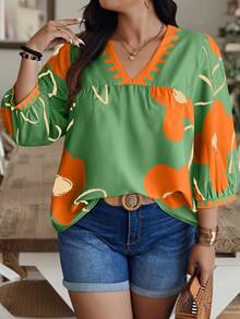 Weeklong Random Floral Print V-Neck Lantern Sleeve Blouse For Plus Size Women - Multicolor - View 3