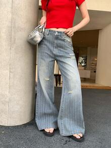 DAZY Quần jeans ống loe nữ kiểu Hàn Quốc, chất liệu có họa tiết, thích hợp cho những dịp thường ngày. - Màu xanh lam - Xem 6