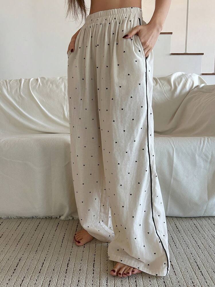 Casual Heart Print Contrast Trim Loose Women Pajama Bottoms