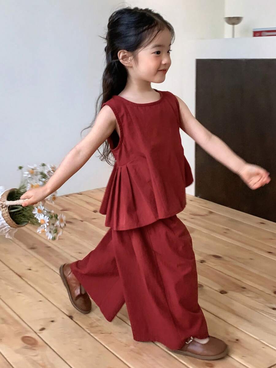 DAZY 韩版女婴无袖上衣和阔腿裤套装 - 紅色 - 查看 1