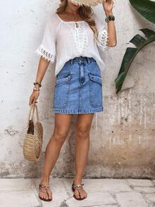 EMERY ROSE Women's Casual Pocket Button Denim Mini Skirt, Versatile For Daily Wear - Blue - View 7