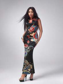 Y2Kool BiGraphic Vestido de sirena estilo cheongsam con estampado de dragón negro, loto oriental y flores chinas, vestido casual Y2K adecuado para fiestas, vacaciones, Año Nuevo y uso diario - Negro - Ver 4